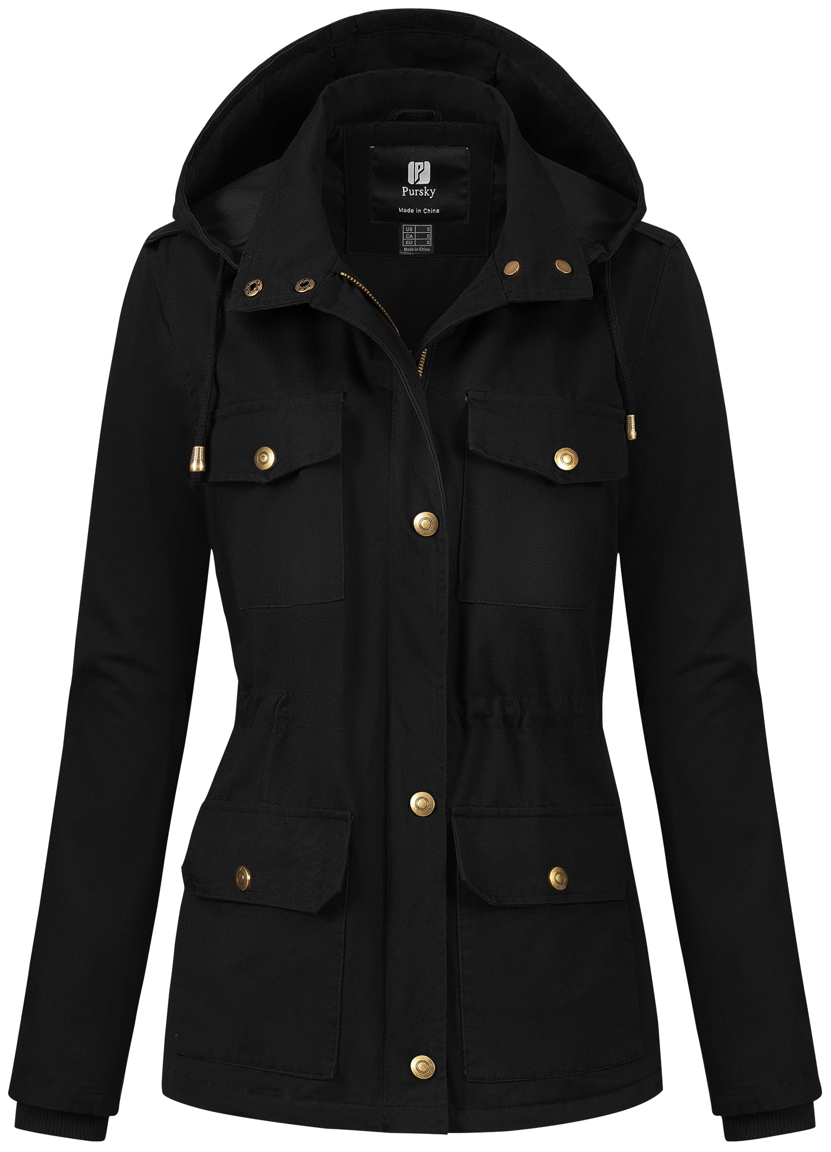 Photo 1 of Pursky Utility Jacket Women Cotton Fall Jackets Cargo Coat Style Womens Military Anorak Lightweight Zip Up Snap Buttons Outerwear Black XL