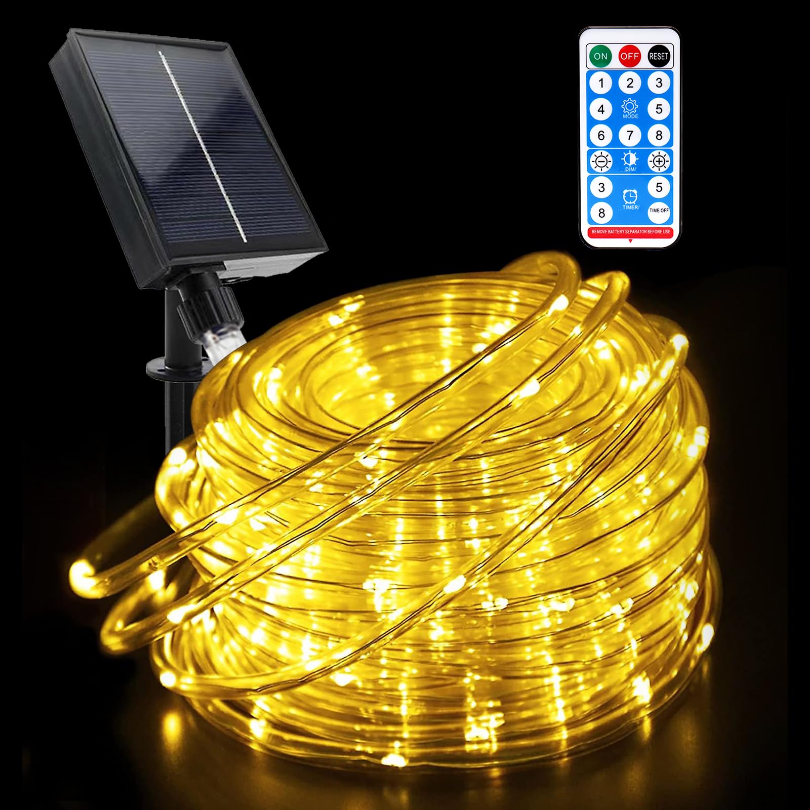 GHONLZIN Solar String Lights Outdoor Rope 72ft 8 Modes 200 LED Powered Tube Waterproof with Remote for Garden Wedding Christmas Party Holiday Decorations, Warm White, 22M/72.1FT — image 1
