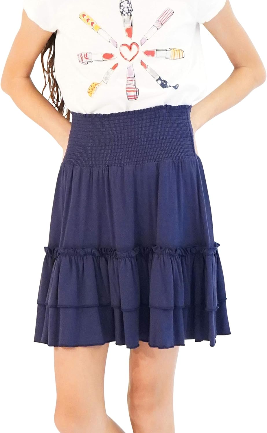 KIDPIK 2-Pack Smock Tiered Skirts - Knee Length Skirt for Girls 4 Years & Up - Comfy Modest Clothing - 2 Colors/Set: Clothing