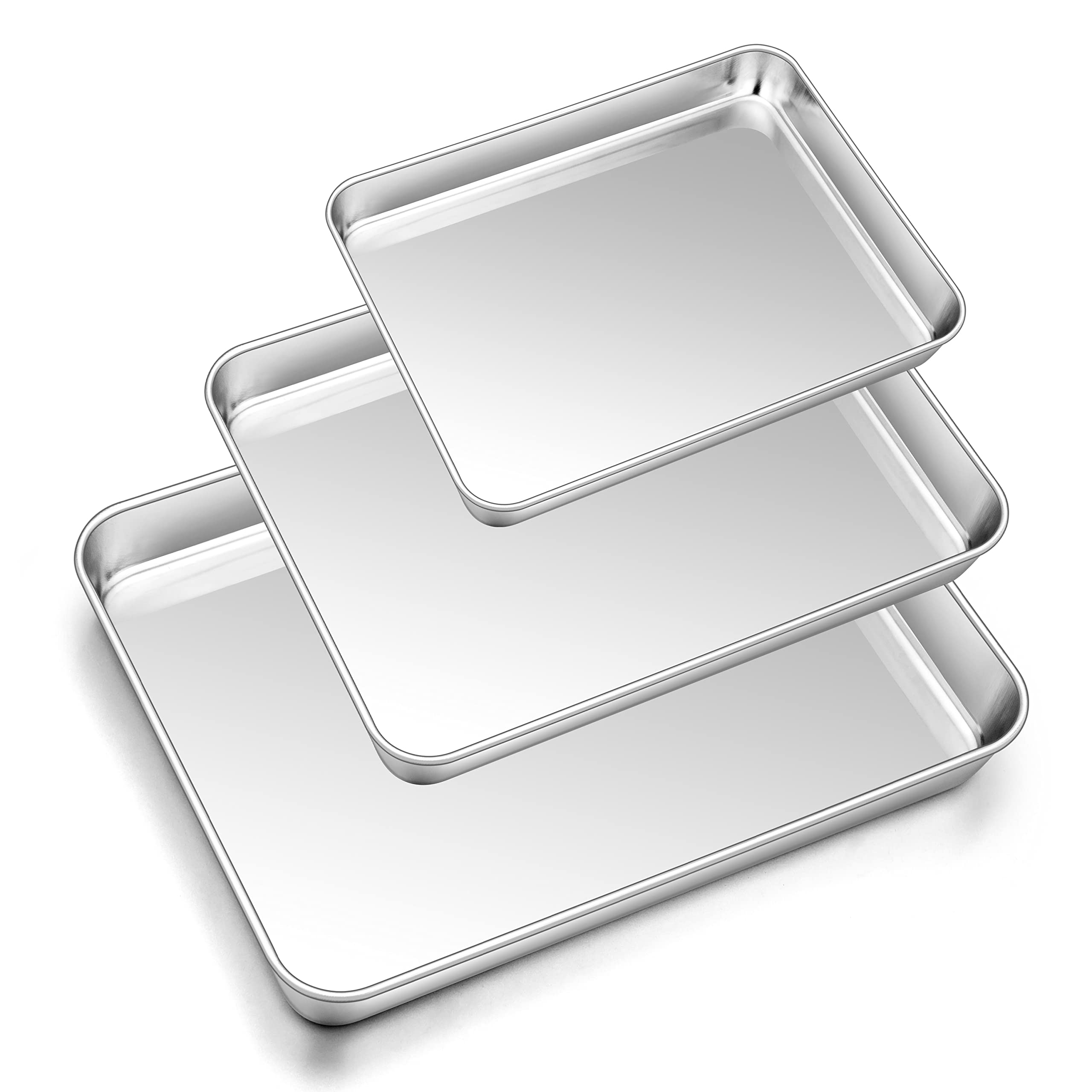 Herogo Baking Tray Set of 3, Stainless Steel Oven Tray Set, Professional Baking Roasting Cooking Serving Sheet Pan for Home Restaurant Hotel, Non-Toxic & Mirror Finish, Dishwasher Safe, Metal Silver