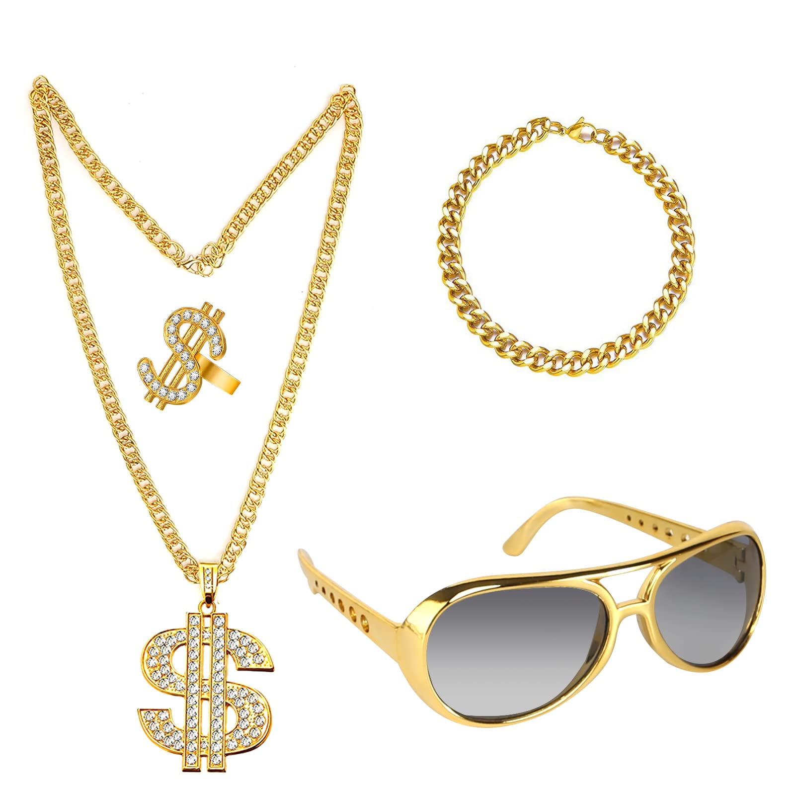 prota 4Pcs Hip Hop Costume Kit, 80s 90s Dollar Sign Necklace Sunglasses Bracelet Rings Hip Hop Costume Set for Women Men Rapper Fancy Dress Carnival Accessories