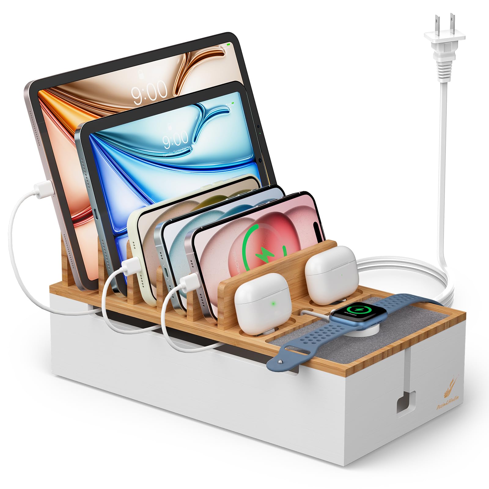 Pezin Hulin Multi Devices Charging Station, with USB Power Adapter HUB, and 6 Wire Cables - Cord Organizer Management, Cell Phone Charger Dock Stand, Desktop Cord Hider Box - Natural +White