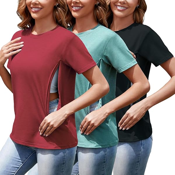 Hidden Zipper Breastfeeding Shirts Women's 3-Pack Nursing Tops With Hidden Zippers | Loose Fit Breastfeeding Maternity Shirts Zipper Nursing Tops