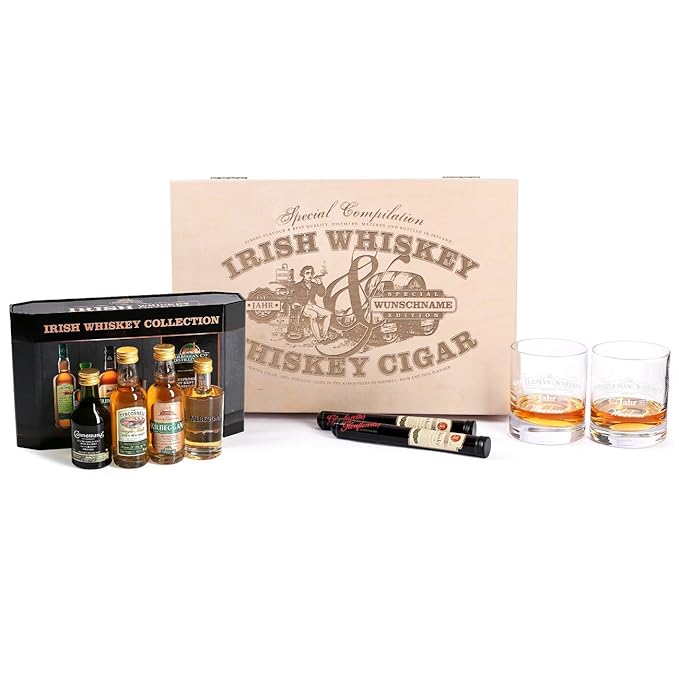 Herz & Heim® 9tlg.Cooleys Irish Whiskey Collection Geschenkset mit gravierten Gläsern u. Zigarren für echte Männer