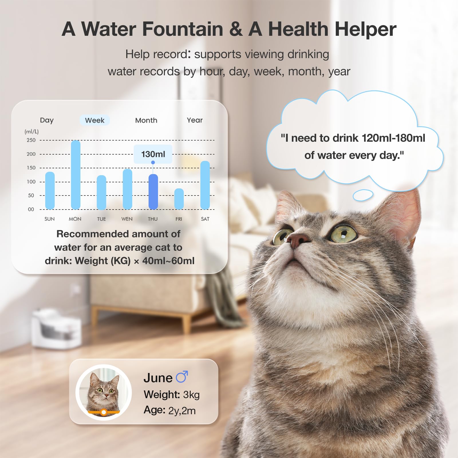 PETGUGU 2L Cat Water Fountain Smart App Control, 8 Layers Filters Automatic Water Dispenser for Cats Dogs Pet Water Fountain Wireless Pump 2.4G WiFi PF1 Marble