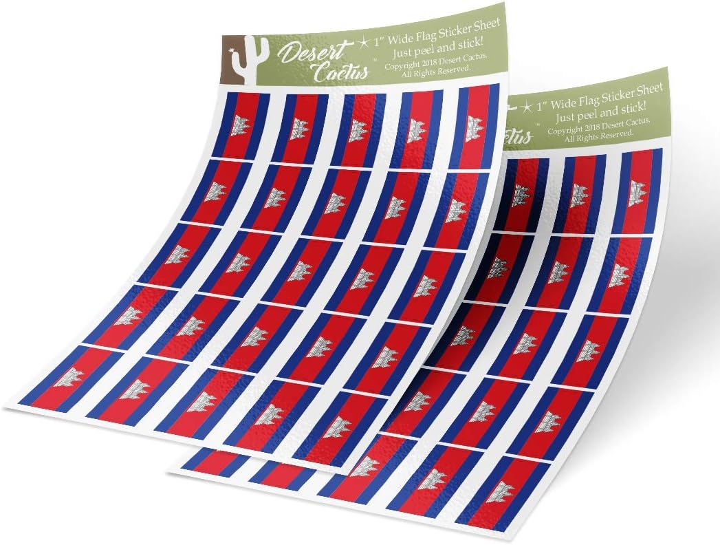 Desert CactusCambodia Country Flag Sticker Decal 1 Inch Rectangle Sheets 50 Total Pieces Kids Logo Scrapbook Car Vinyl Window Bumper Laptop Cambodian R