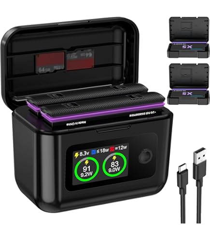 SYMIK Caricabatterie Intelligente Per Insta360 X5 | Doppio Canale 27W Con Display LCD | Hub Con Power Bank 10W E Ottimizzazione Batteria - 3