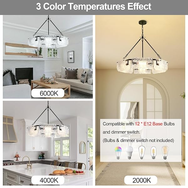 DWLGIGH 11.0″ BLACK GLASS CHANDELIER CEILING LIGHT FIXTURE,3-LIGHT ADJUSTABLE PENDANT LIGHTS WITH CLEAR GLASS SHADE MODERN DRUM CHANDELIERS FOR DINING ROOM OVER TABLE KITCHEN LSLAND HALLWAY FOYER,E12
