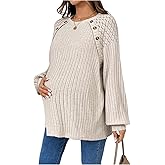 MakeMeChic Women's Maternity Shirts Lace Long Sleeve Button Crew Neck Knit Maternity Clothes