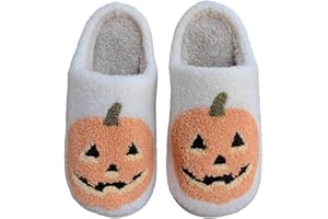 AUCOMFO Halloween Slippers Pumpkin Slippers for Womens Mens Cute Comfy Bedroom Shoes,Home House Ladies Fuzzy Slipper,indoor Outdoor Memory Foam Slipper