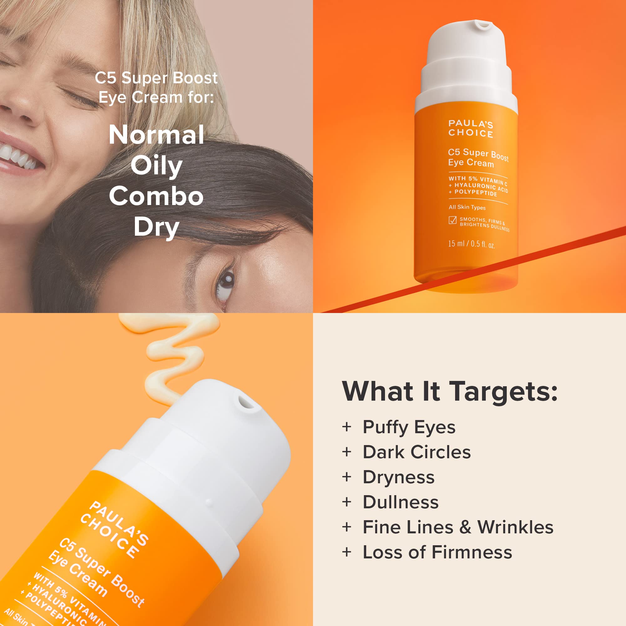 Paula's Choice C5 Super Boost Eye Cream for Dark Circles, Puffy Eyes, Fine Lines & Crow’s Feet, Eye Repair Cream with 5% Vitamin C, Hyaluronic Acid & Peptides, Fragrance Free, 0.5 fl oz