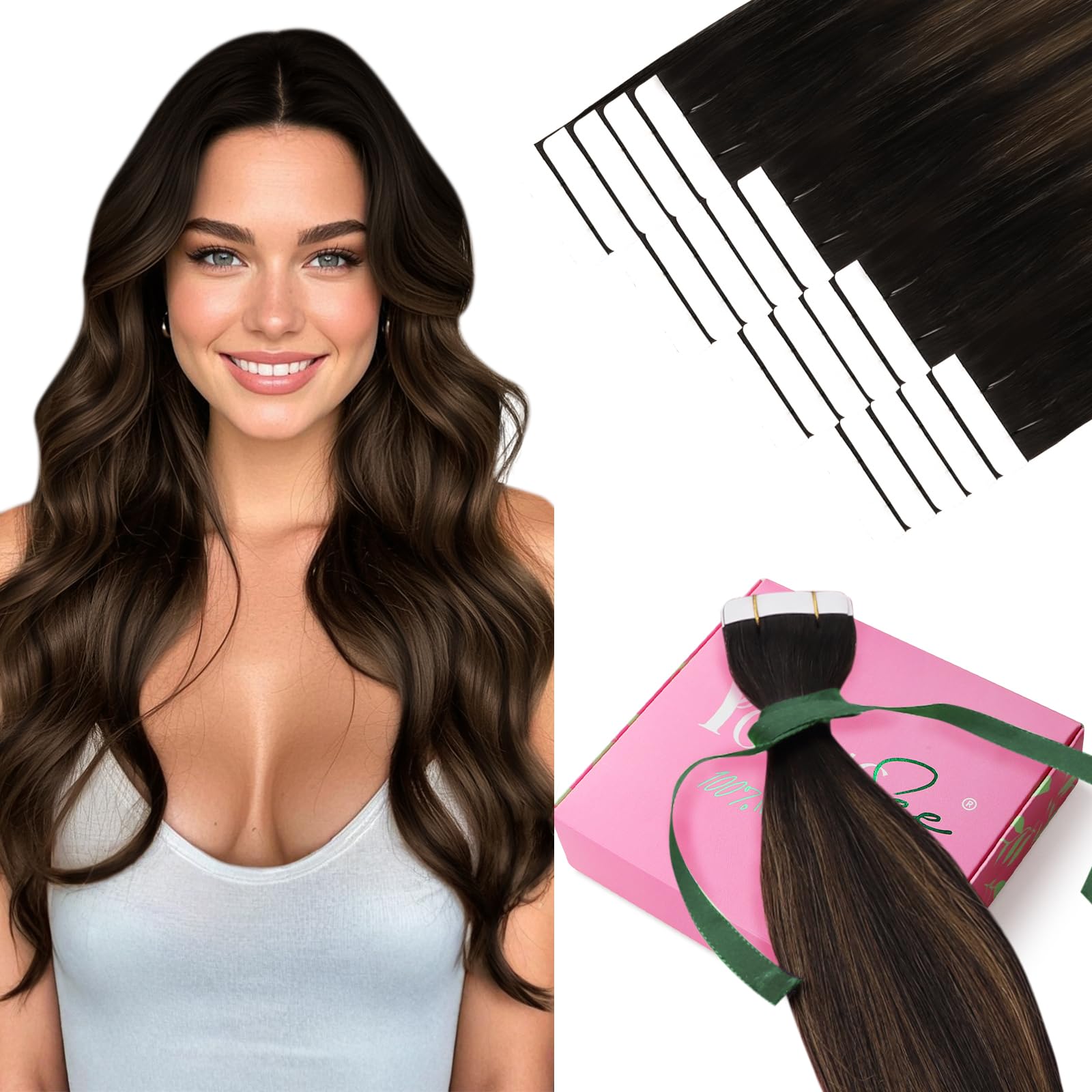 YoungSee Tape in Hair Extensions Balayage Human Hair Tape in Extensions for Women, Dark Brown Ombre Medium Brown Natural Hair Tapes, 20 Inch 20pcs 50G