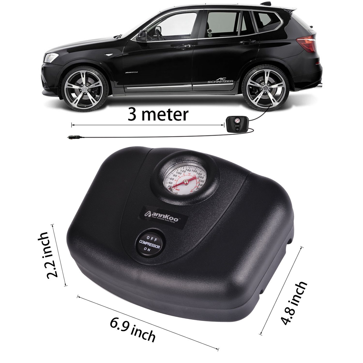 ANNKOO 300PSI Tire Inflator Premium Electric 12v DC Portable Auto Air Compressor Pump for Car, Truck, Bicycle or RV, Basketballs, Air Bed Mattress and Other Inflatables