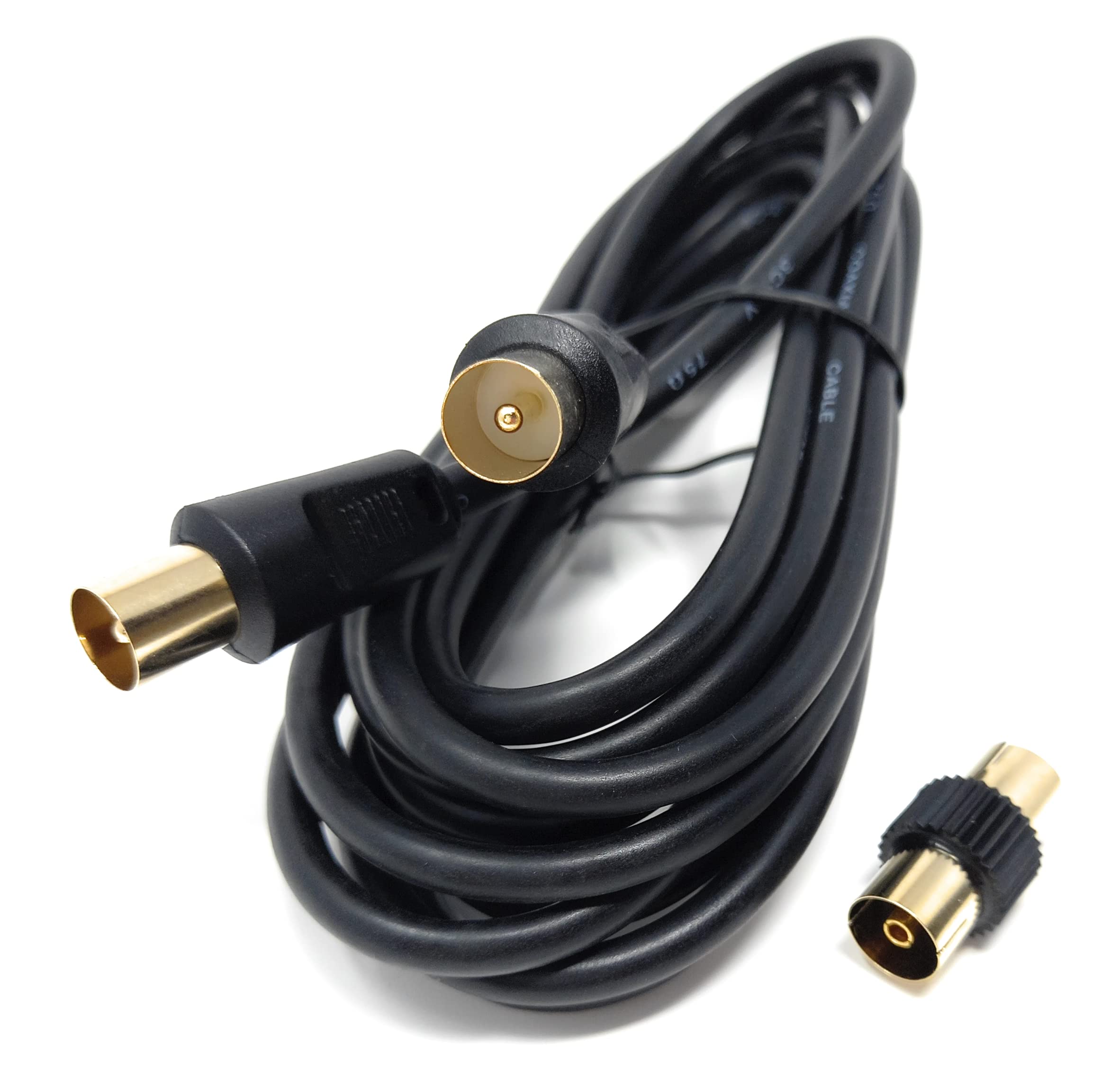 DRUT 3m TV RF Male to Male Aerial Antenna Coaxial Cable With Female to Female Coupler, Gold Connectors 75 ohm, 3C2V 10ft Black