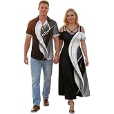 ROSE GAL Matchable Couples Hawaiian Men Shirt and Women Cold Shoulder Crisscorss Short Sleeves Midi Dress