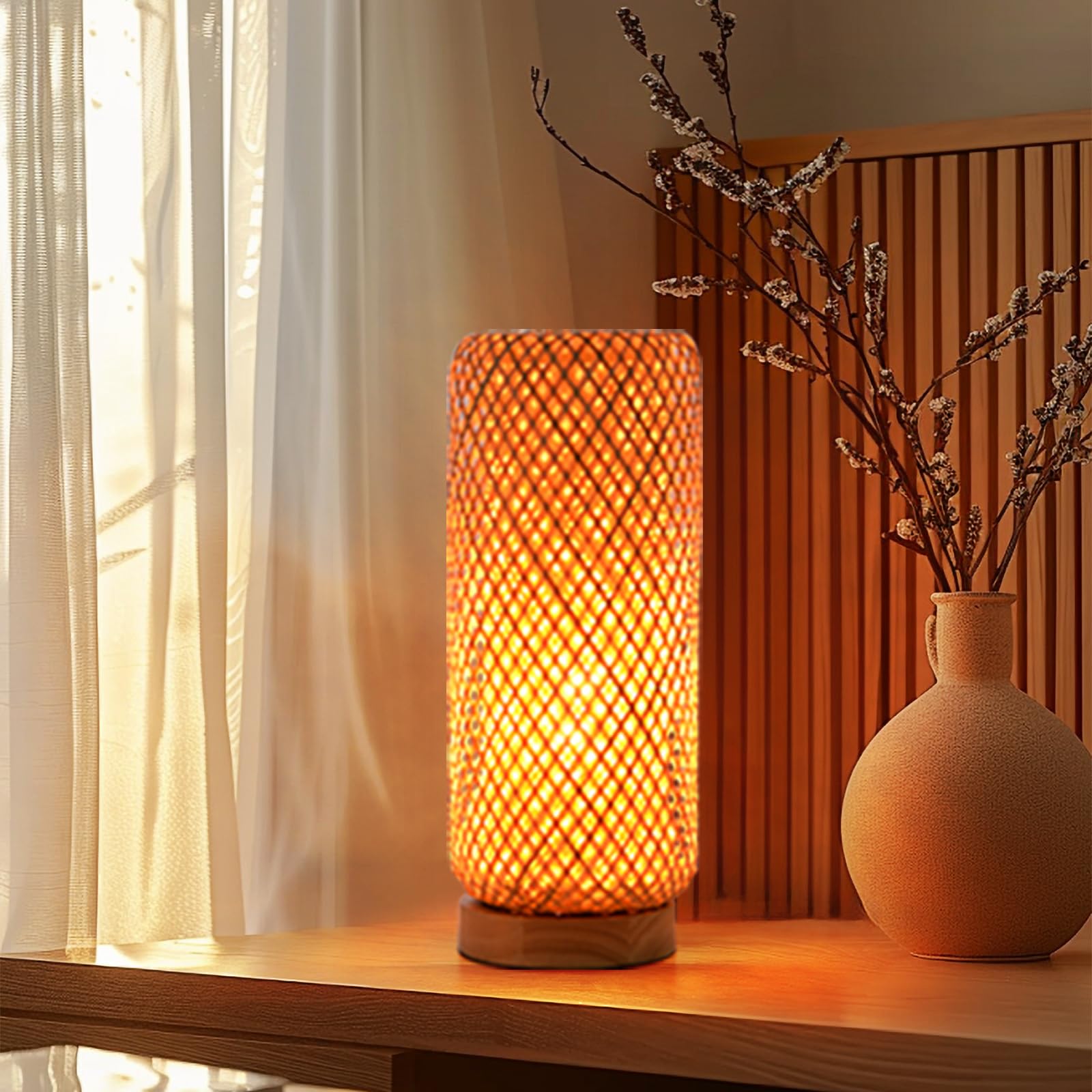 Photo 1 of Hodevimall Bamboo Table Lamp?Boho Rattan Bedside Lamp for Bedroom,Vintage Wicker Wooden Nightstand Lamp Shade Rustic Farmhouse Indirect Lighting Accent Light for Living Room