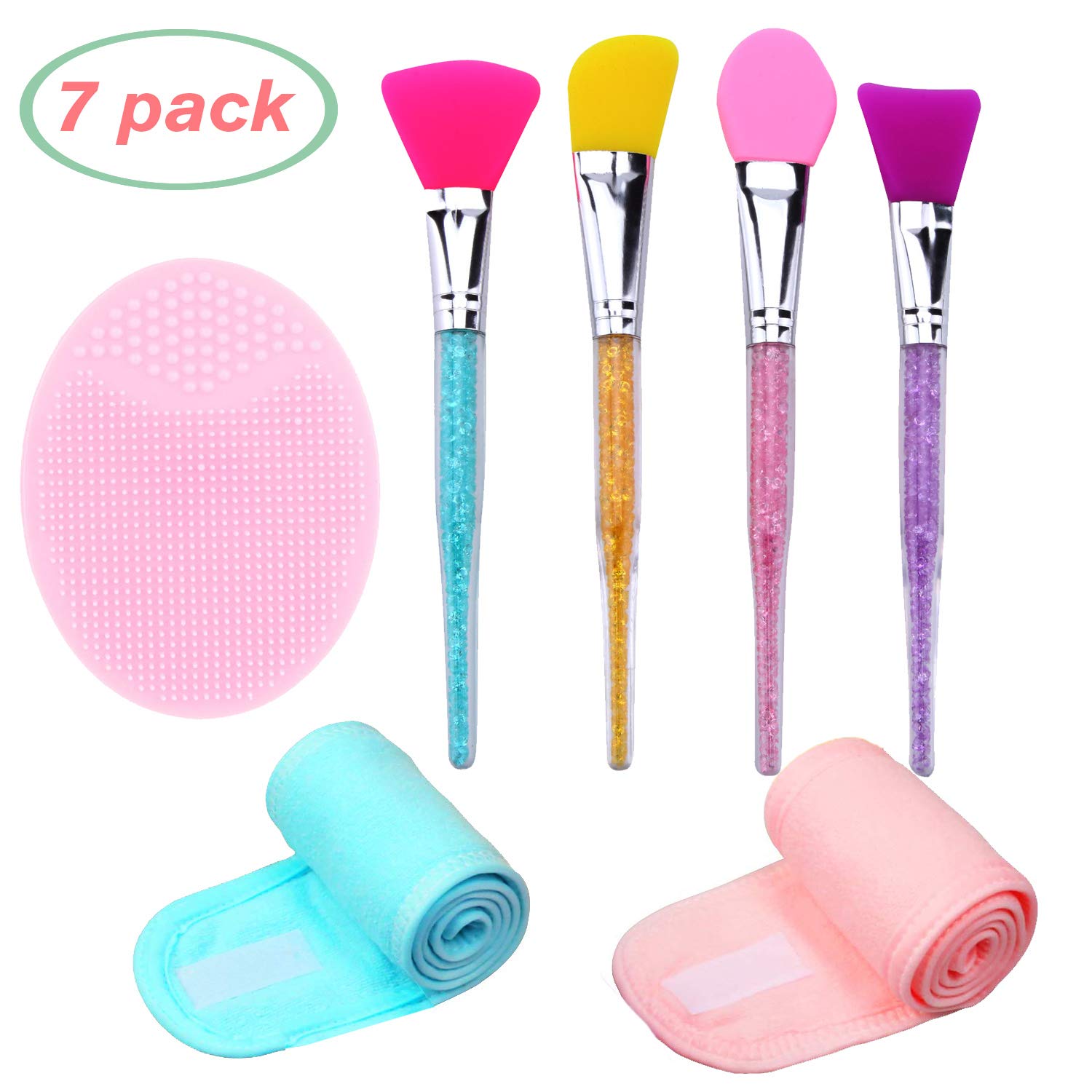 Dogie Lyn (Set of 7 Silicone Brush) Silicone Facial Mud Mask Brush Applicator-Spa Headband with Magic Tape-Silicone Face Makeup Scrubbers Exfoliator Brush for Women