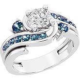Dazzlingrock Collection 0.95 Ctw 14K Real Solid Gold Round Blue and White Natural Diamond Women Engagement Ring Set
