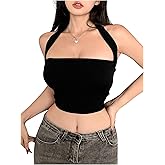 OYOANGLE Women's Open Back Ribbed Halter Crop Tank Tops Sleeveless Fitted Going Out Tops Clubwear