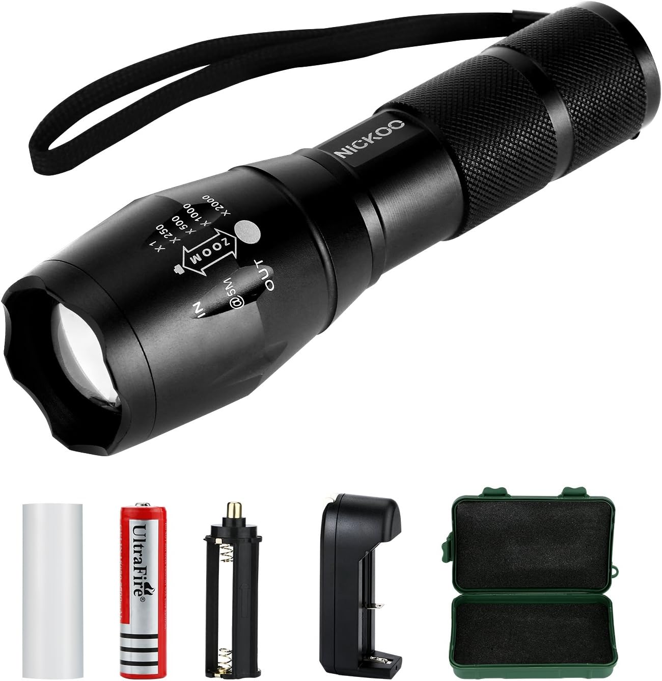 NICKOO Tactical Flashlight Set | T6 Handheld Portable Waterproof LED Torch with Adjustable Focus and 5 Light Modes for Outdoor Activities, Rechargeable 18650 Lithium Ion Battery and Charger Included
