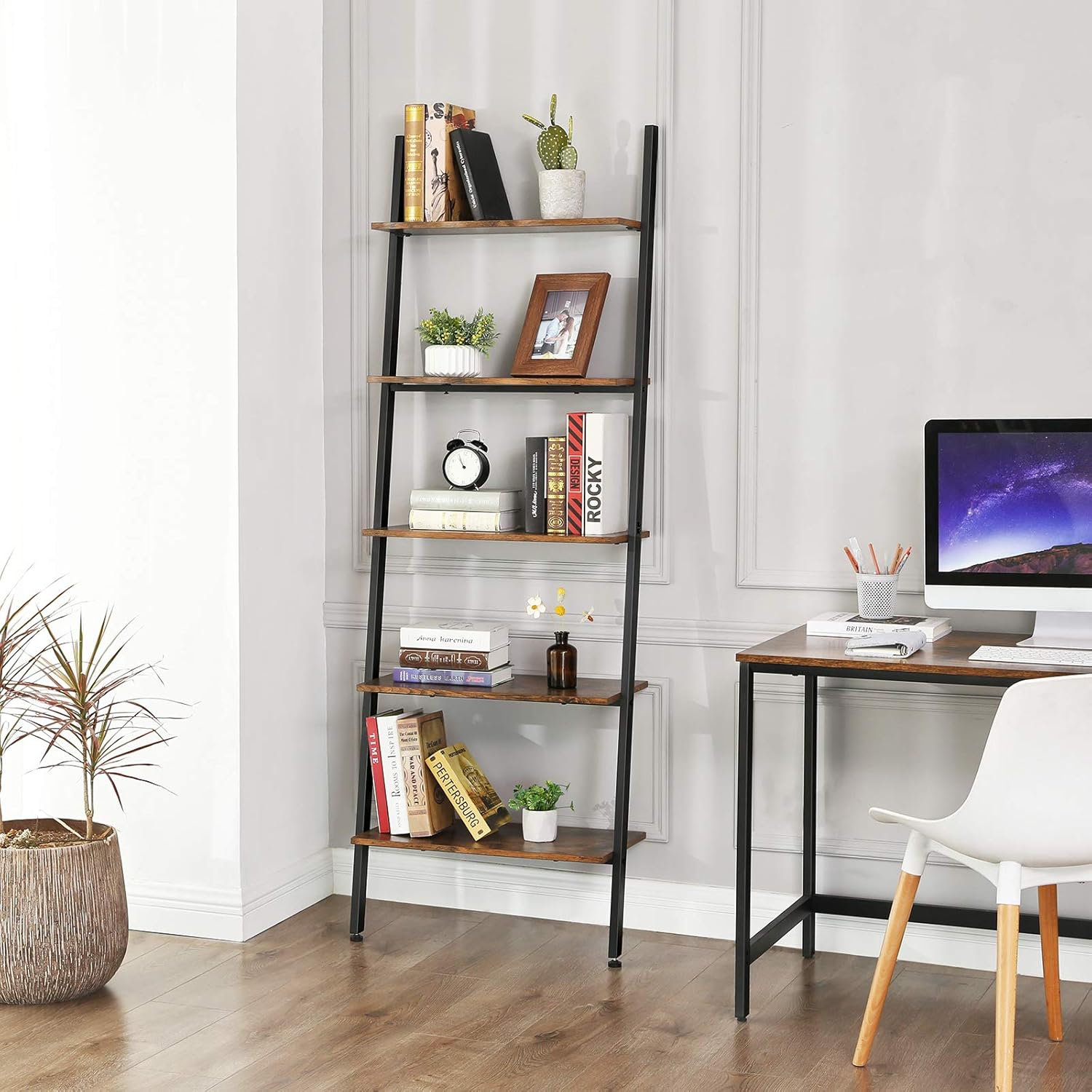 VASAGLE Alinru Ladder Shelf Leaning Shelf, 5-Tier Bookshelf Rack, for Living Room Kitchen Office, Stable Steel, Industrial Furniture , Rustic Brown ULLS46BX: Kitchen & Dining