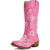 IUV Cowboy Boots For Women Mid Calf Cowgirl Boots Embroidered Pull-On Tabs Snip Toe Boot