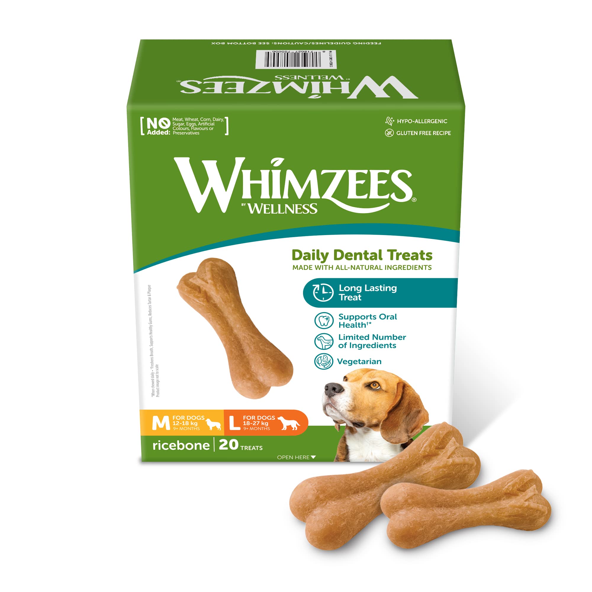WHIMZEES Rice Bone M/L, 20 Pieces – Dog Dental Stix, Size M/L, Dog Dental Sticks for Medium and Large Breeds, Natural and Grain Free, Rawhide-Free, Vegetarian, No Added Sugar