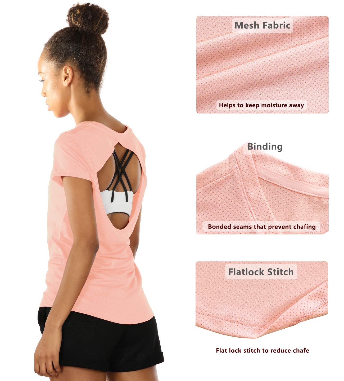 icyZone Activewear Fitness Yoga Tops Workout V Neck Open Back T-Shirts for Women (L, Pale Blush)