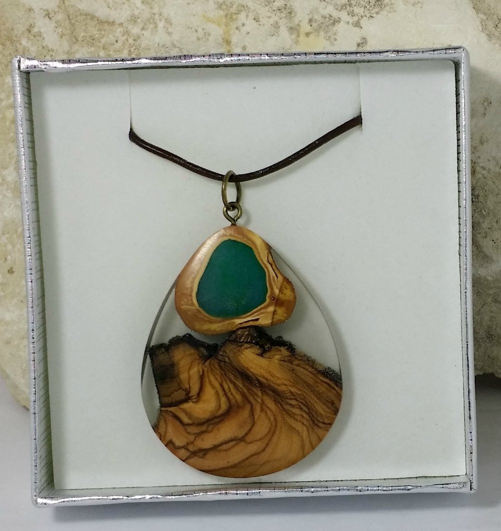 Olive Wood and Resin Pendant Necklace, Tinted Resin, Olive