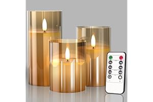 TYAWON Glass Battery Operated LED Pillar Flameless Candles with10-Key Remote and Timer, Real Wax Candles Warm Color Wick Flickering Light for Festival Wedding bar Cafe Home Party Decor(Pack of 3)-Gold
