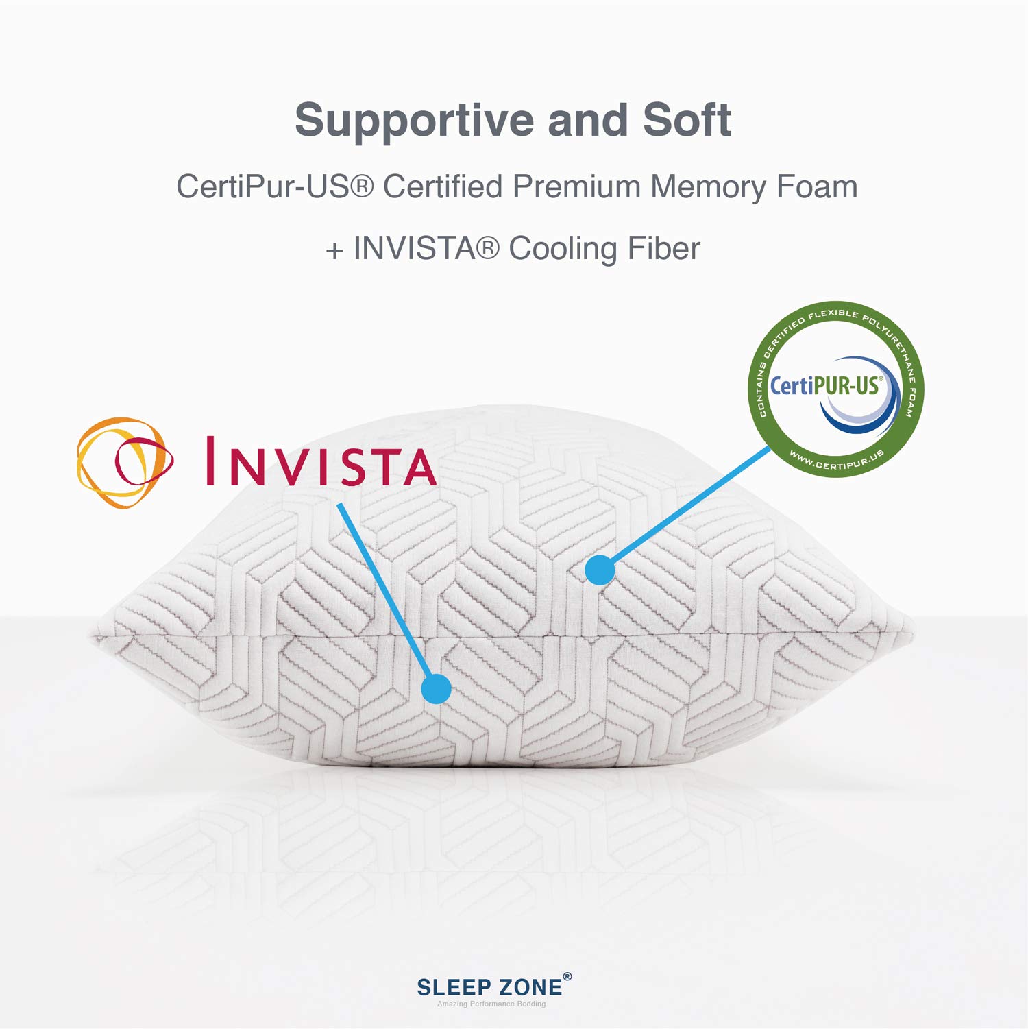 SLEEP ZONE Premium Bed Pillow Temperature Regulation Shredded Memory Foam Hypoallergenic Adjustable Loft Bamboo Cover with YKK Zipper, Queen