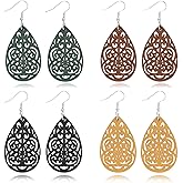 4 Pairs Wooden Different Shapes Earrings Bohemian Hollow Wooden African Dangle Drop