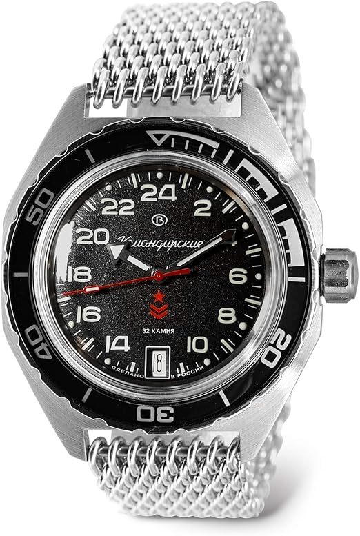 VOSTOK Komandirskie K65 Automatic 24 Hour Dial Russian Military Wristwatch 650541 Mesh Premium