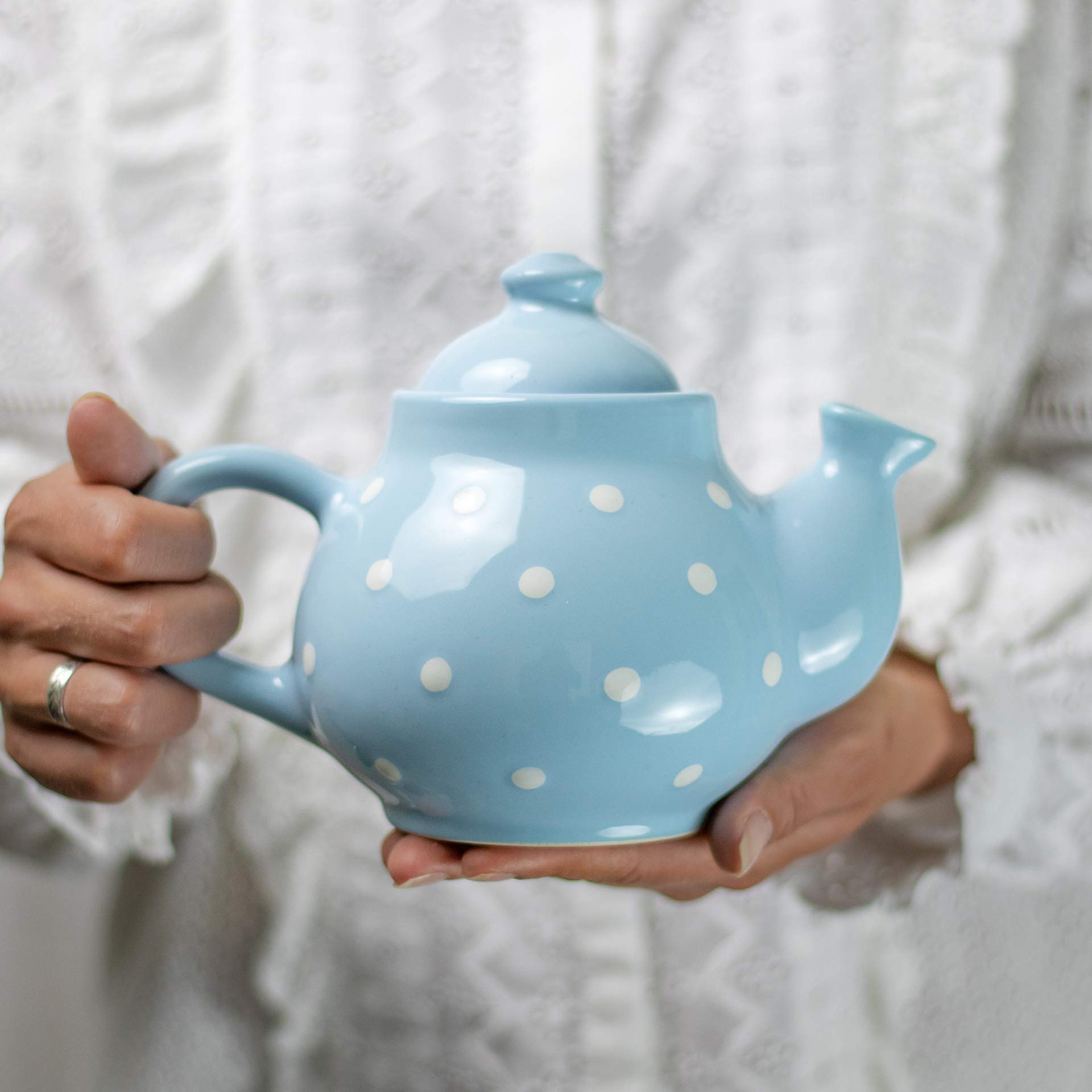 City to Cottage Ceramic 26oz Teapot, Coffee Pot, Tea Pot for Bloomig and Loose Tea Leaf, Handcrafted Premium Teaware, Sky, Baby Blue Polka Dot Tea Pot for Serving Tea and Coffee Teapot for Tea Lovers