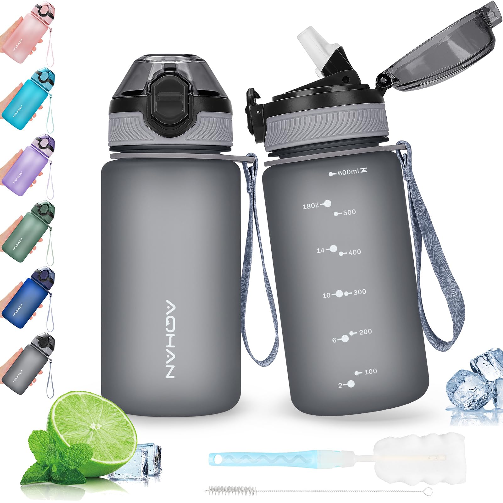 AOHAN 600ML Water Bottle with Leak Proof Flip Top Lid, BPA Free Sport Drinking Bottle with Straw, Dishwasher Safe Water Bottle Non-Toxic Water Jug with Carrying Strap