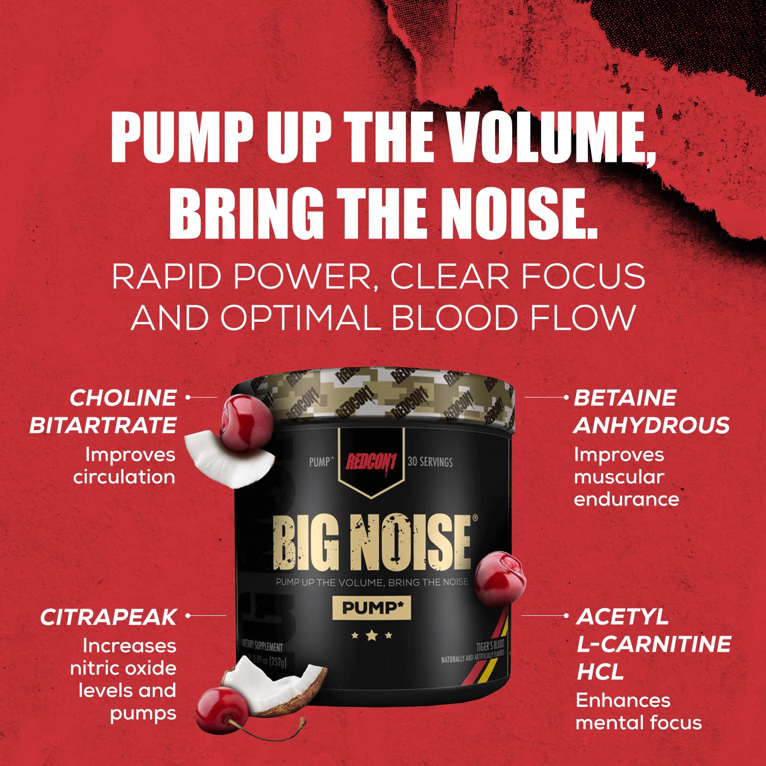 REDCON1 Big Noise Non-Stim Pre Workout - Pump, Muscular Endurance + Focus Enhancing Caffeine Free Pre Workout Powder - Keto Friendly Workout Powder for Faster Gains (Tiger's Blood, 30 Servings)