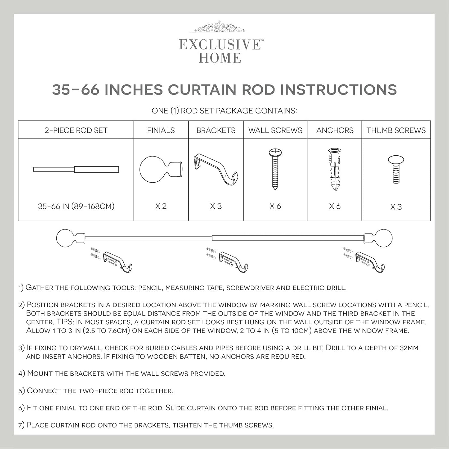 Exclusive Home Curtains Hillhurst Window Curtain Rod and Finial Set, 35"-66", Off White: Home & Kitchen