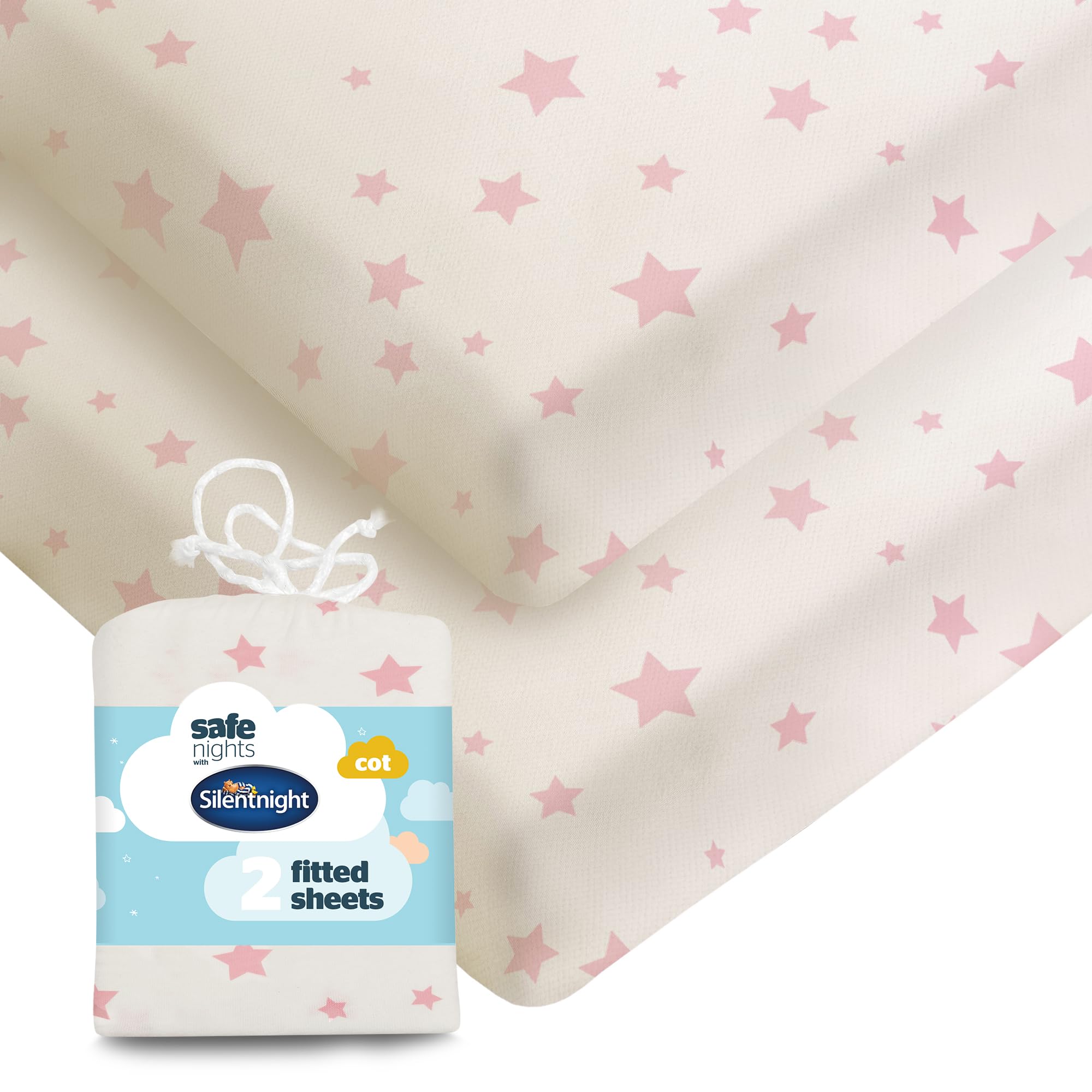 Silentnight Safe Nights Fitted Sheet - Cot Mattress - Breathable 100% Cotton Jersey - Super Soft Kind to Baby Skin - 120x60cm - Secure Fit with Elasticated Corners - 2 Pack, Pink Stars