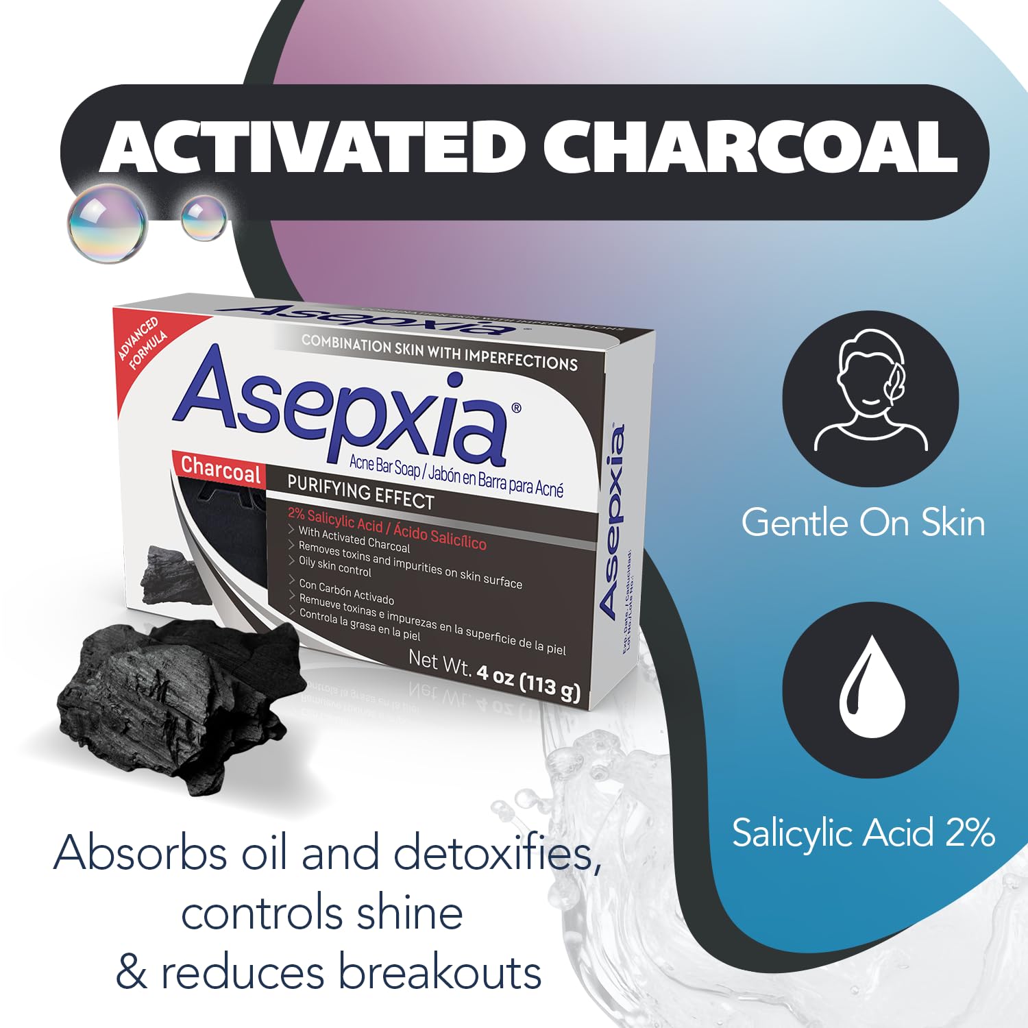 Asepxia Salicylic Acid & Activated Charcoal Bar Soap | Acne Treatment, Reduces Pimples & Blemishes, Deep Cleansing Facial Cleanser, Dries Out Acne, Prevents Breakouts, Face wash, 4 Oz, 5-Pack
