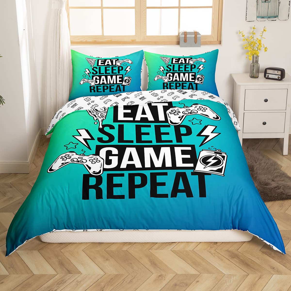 richhome Teens Gamer Duvet Cover Single Size,Video Games Flash Reversible Bedding Set 2pcs,Pizza Sketch Hip Hop Comforter Cover,Green Blue Gradient Soft Quilt Cover Bedroom Decor
