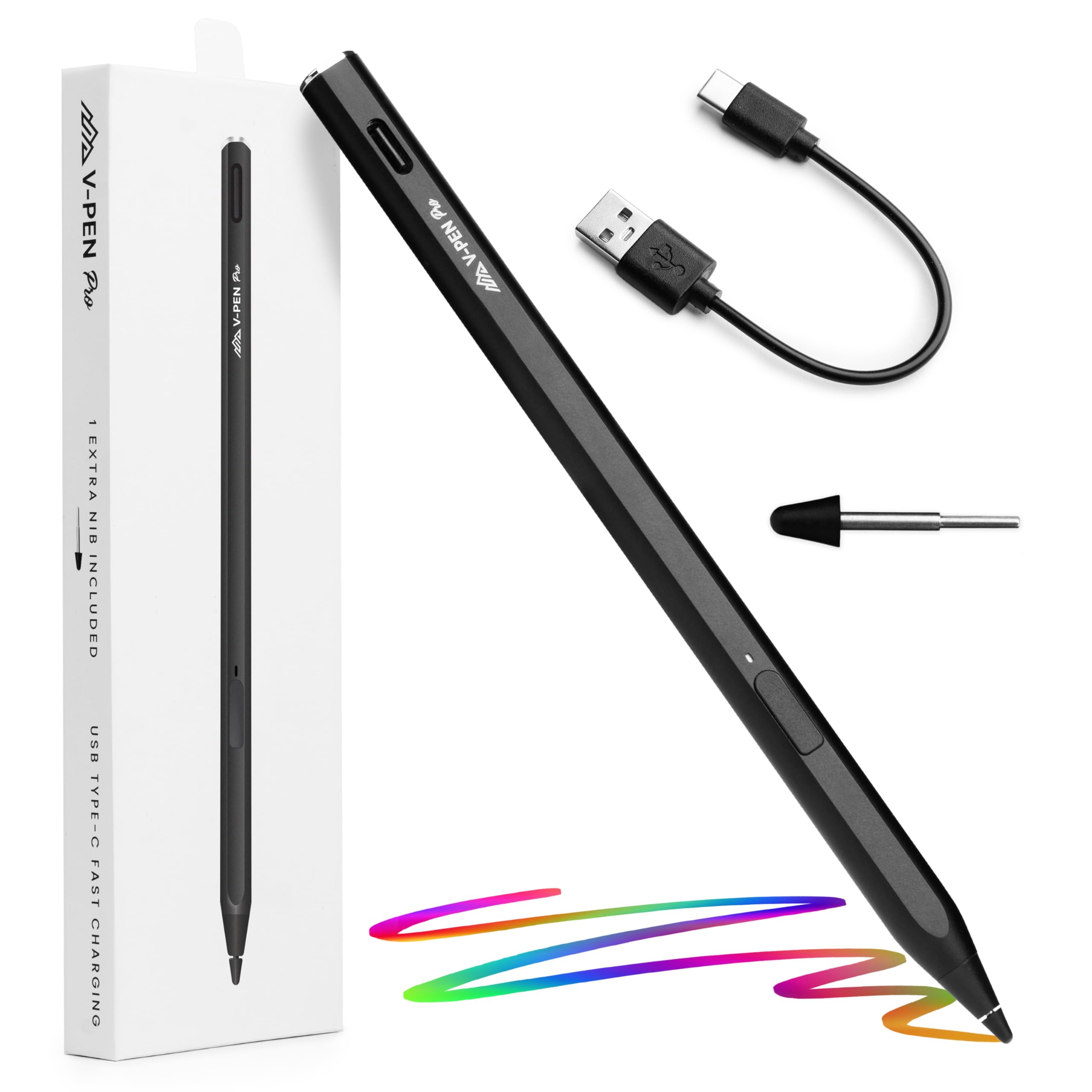 Photo 1 of V-Pen Stylus Remarkable Paper Pro Pen Replacement – Rechargeable Digital Pen with Eraser, 4096 Pressure Sensitivity, USI 2.0, Tilt, Palm Rejection & Extra Tip, USB-C Fast Charging, Black