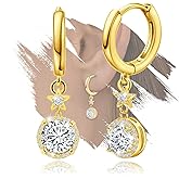Star Hoop Dangle Earrings Sterling Silvery Round Cubic Zirconia Hoop Dangling Earrings for Women Hypoallergenic Lightweight Sparkly Halo CZ Loop Earring with Charm Jewelry Gifts