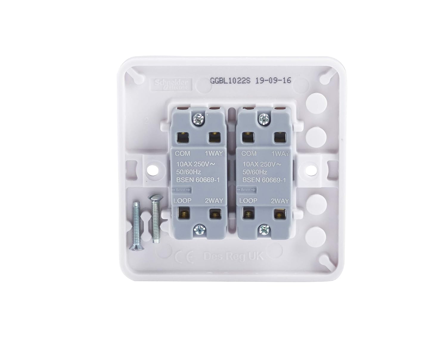Schneider Electric Lisse White Moulded - Double 2 Way Light Switch, 10AX, GGBL1022S, White, 2 Gangs - Image 5