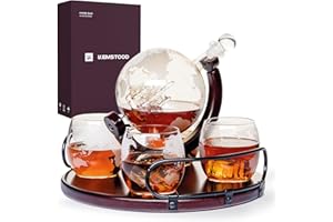 Kemstood Whiskey Decanter Sets for Men - Etched World Globe Design with Wooden Base & 4 Glass - Ideal for Dignified Drinking, Home Decor - Unique Whiskey Gifts for Men - 28 oz /850 ml Capacity