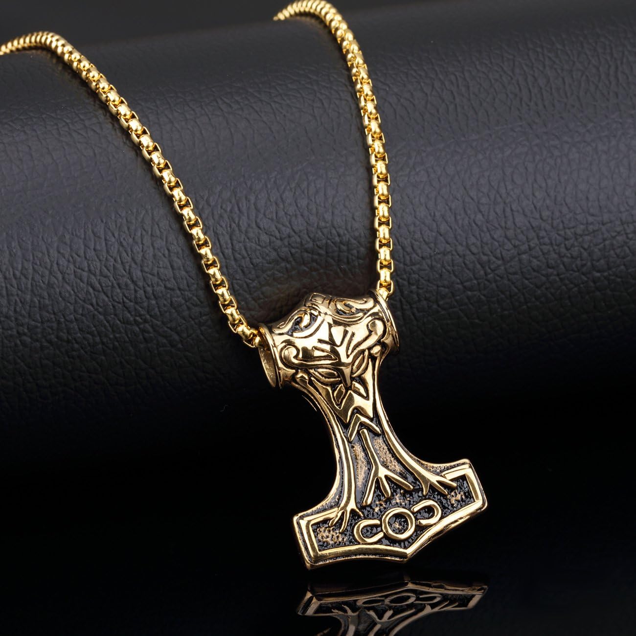 PAURO Mens Stainless Steel Thors Mjolnir Hammer Pendant Necklace Viking Gold with Chain - Image 3