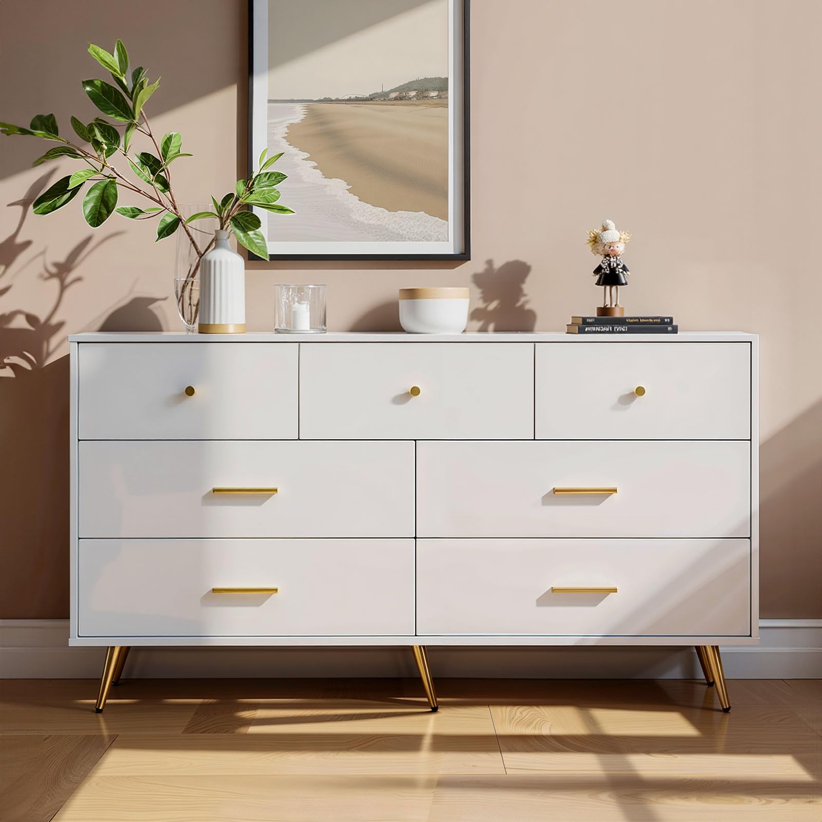 Photo 1 of ***(PARTS ONLY -SELLING AS PARTS ONLY -MISSING PIECES)***  
Feetice 7 Drawer Dresser for Bedroom - White & Gold Chest of Drawers, High Gloss MDF Organizer Storage with Drawers with Golden Handles, Wide Storage Dresser for Bedroom