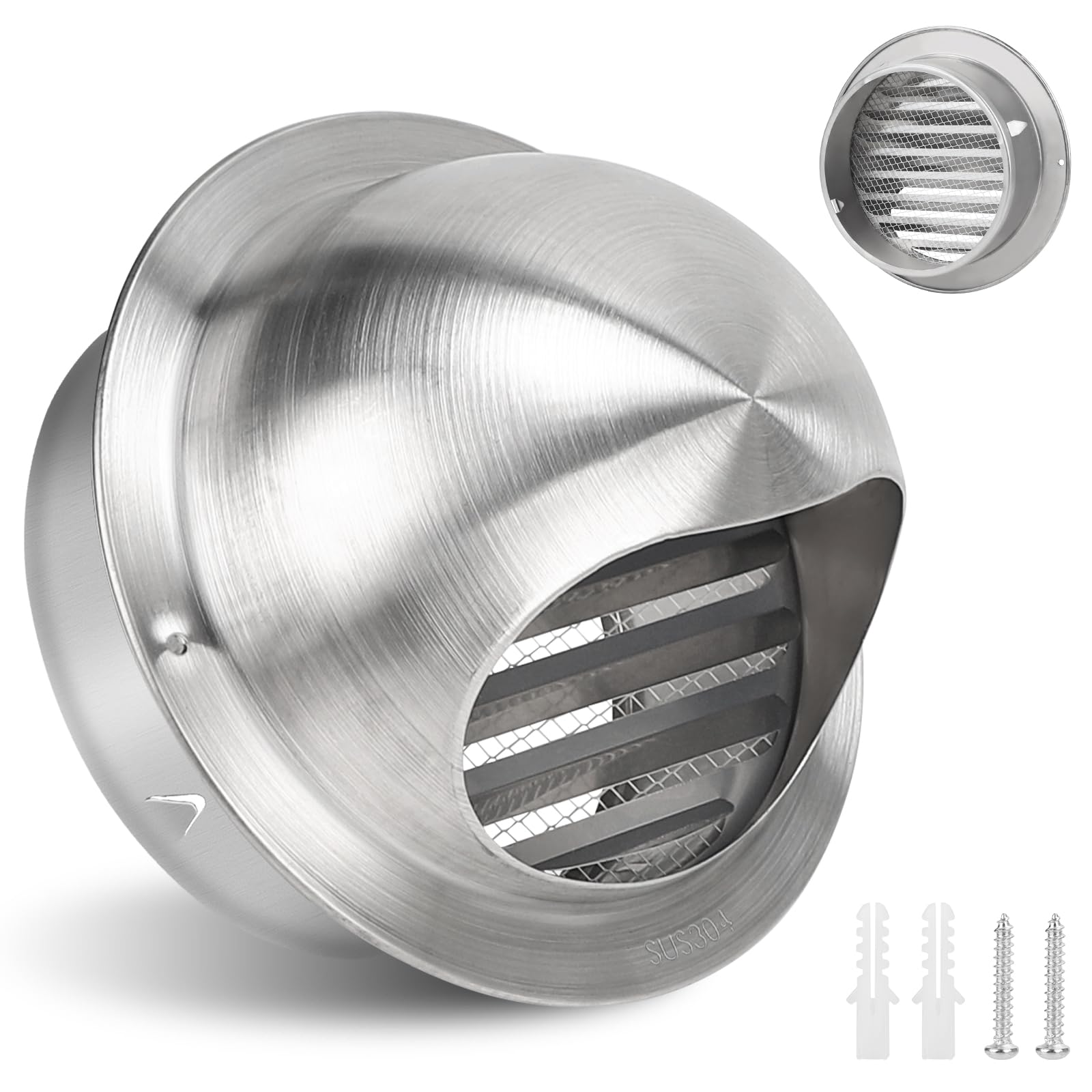 LALAGO Round Ventilation Grille, 150 mm Stainless Steel Ventilation Grille, Exhaust Air Grille, Integrated Backflow Flap, Weather Protection Grille with Insect Protection Grille