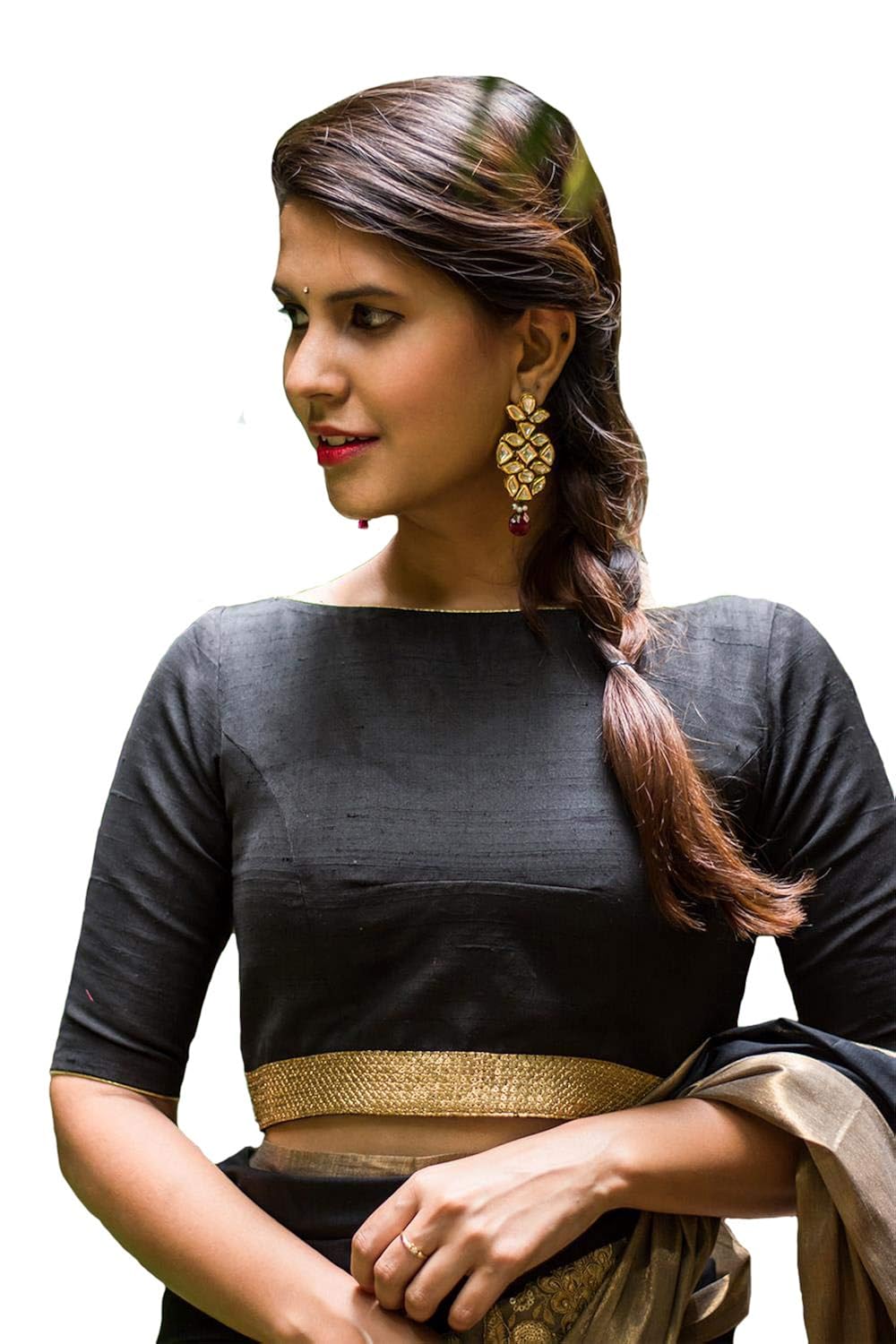 xomantic fashion black boatneck blouse with gold border