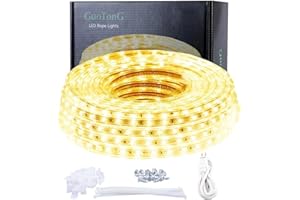 GUOTONG 110V 2 Wire Warm White Led Strip Lights Outdoor 50ft 3000K Led Rope Lights Indoor Waterproof Flexible Cuttable Connectable with UL Listed Power Supply for Home Bedroom Garden Decoration