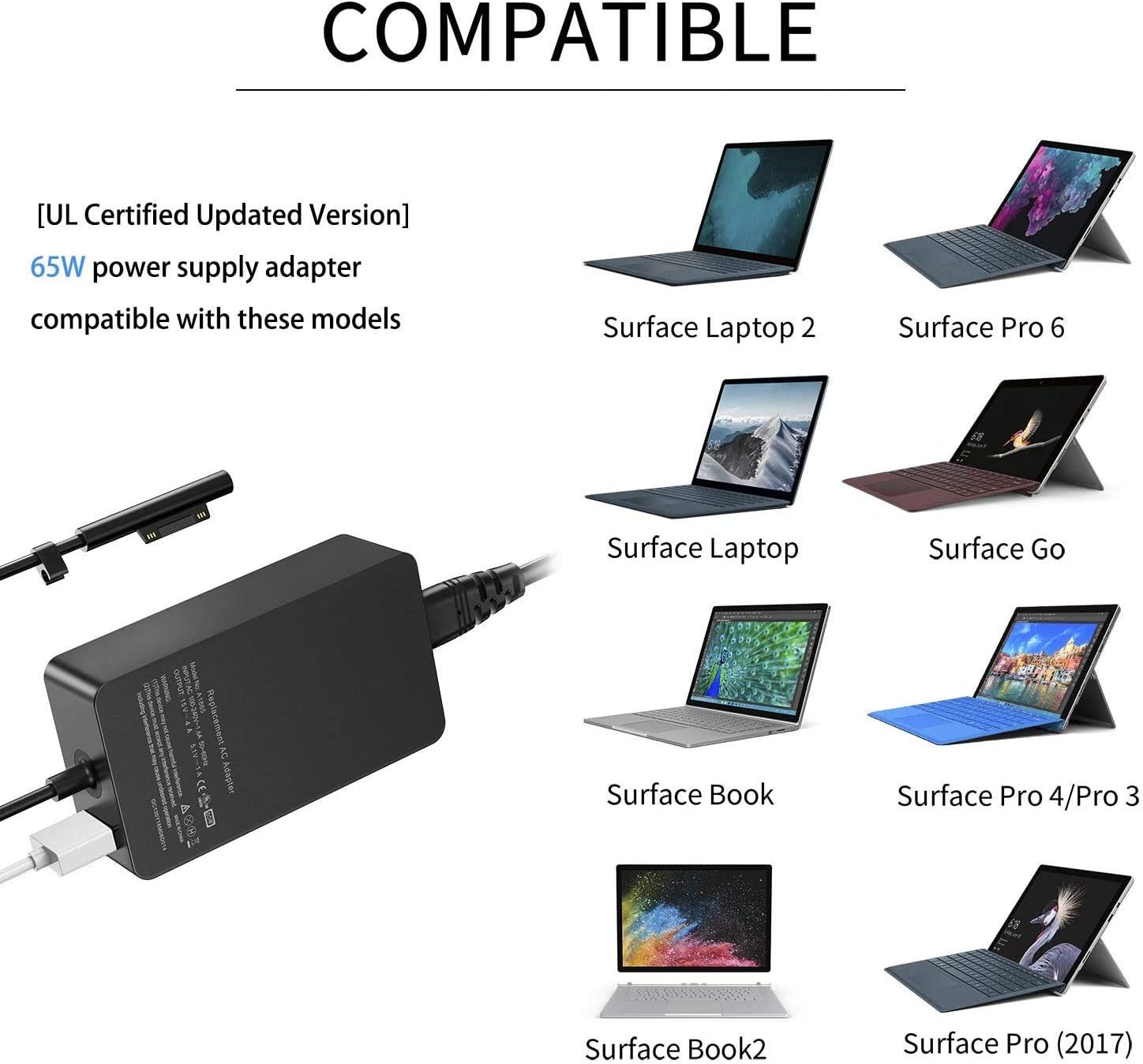 [Latest 2020] Surface Pro Charger 65W, Compatible with Surface Pro 3/4/5/6/7 Power Supply Adapter, Compatible for Both Microsoft Surface Book Laptop/Tablet, Works with 65W&44W&36W&24W